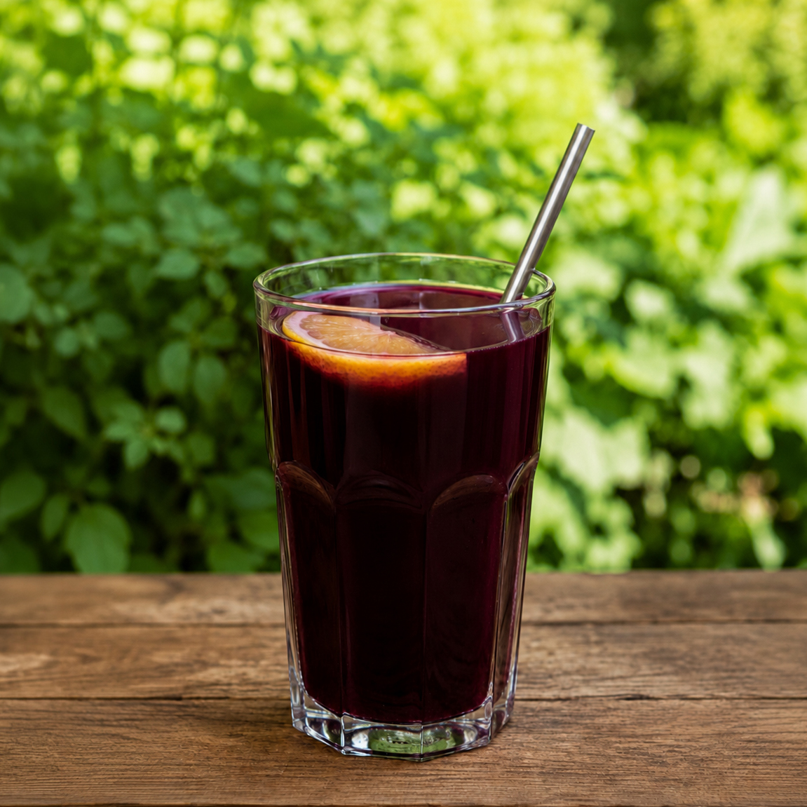 Traubensaft im Glas mit Zitrone und Strohhalm.